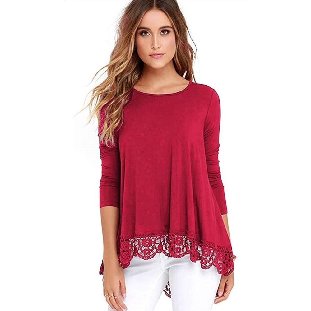 Womens Tops Casual Long Sleeve Crewneck Lace Tunic Tops Shirts Blouse